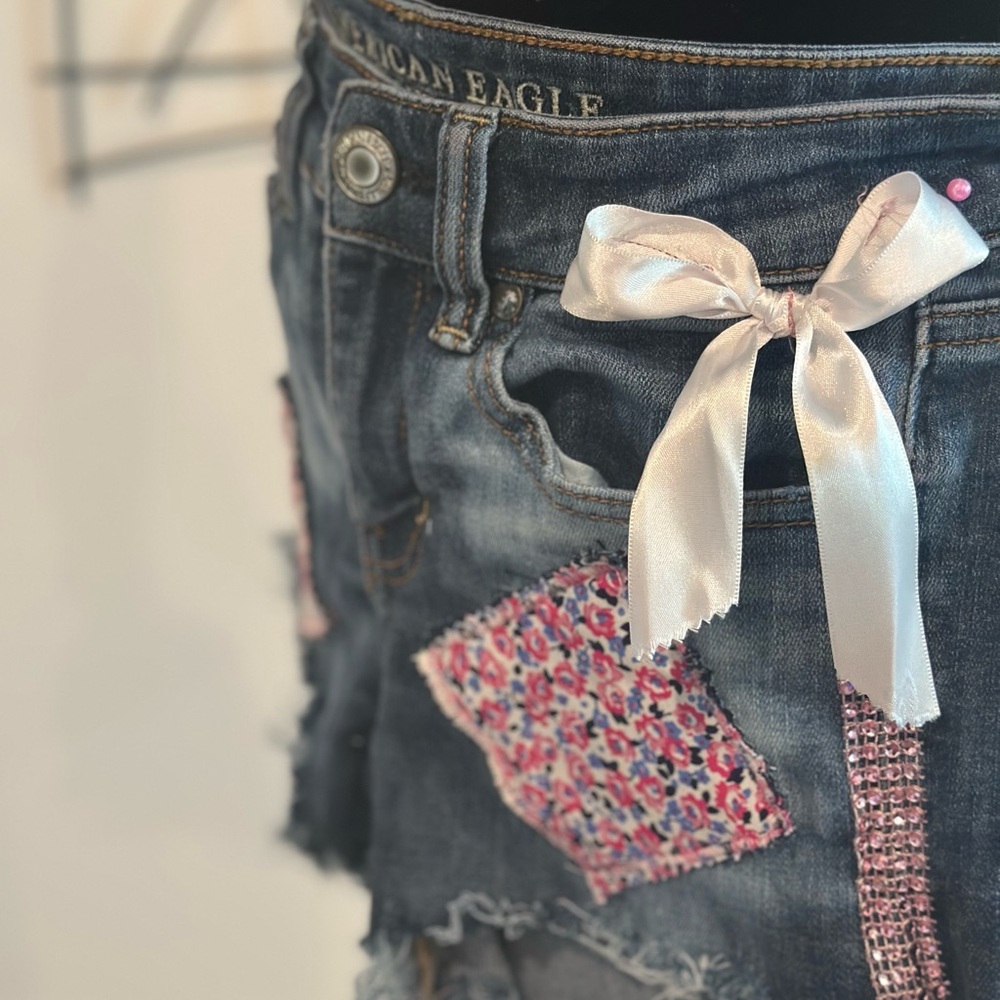 Custom American Eagle Denim Patchwork Shorts - image 4